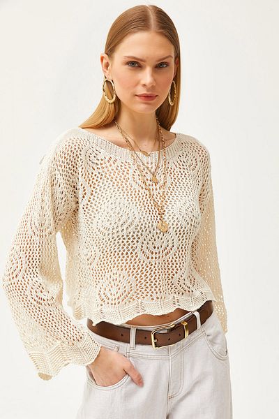 Olalook Women's Ecru Oval Patterned Cotton Knitwear Blouse BLZ-19002496