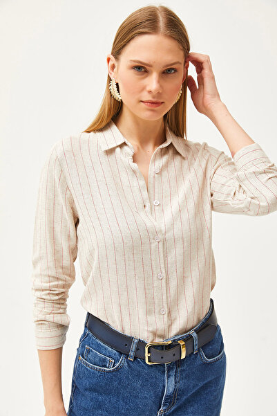 Olalook Women's Stone Red Striped Linen Shirt GML-19001176
