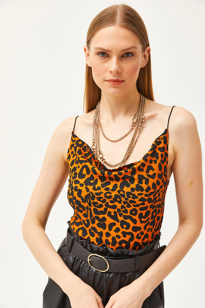 Olalook Women's Leopard Orange Degaje Collar Rope Strap Blouse BLZ-19000987