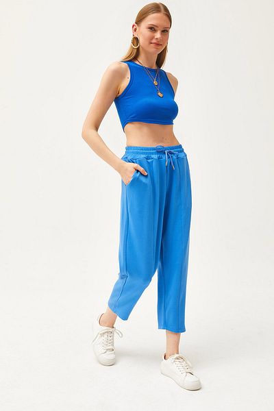 Olalook Pantaloni de sport de damă, albaștri, cu cusături buzunare, cu textura moale, modal EȘF-00000069