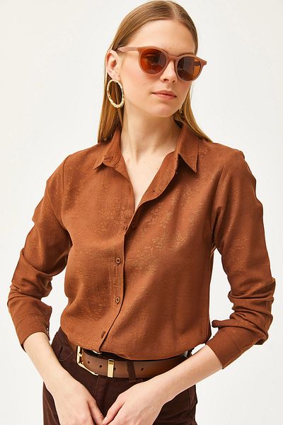 Olalook Női virágos keserűbarna Jacquard szatén részletes szövésű ing GML-19001173