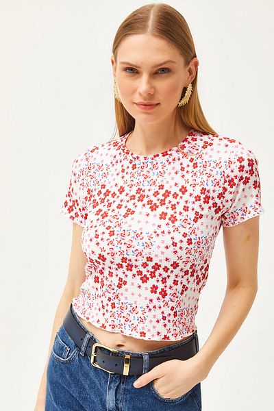 Olalook Women's Floral Red Crew Neck Baby Overlock Crop Blouse BLZ-19002510