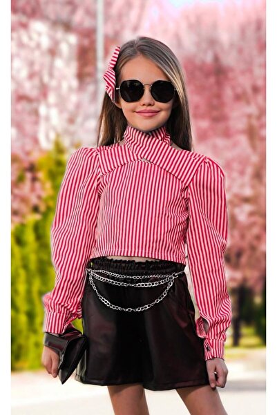 nisaykids Girl's blouse-leather shorts-bag-buckle set