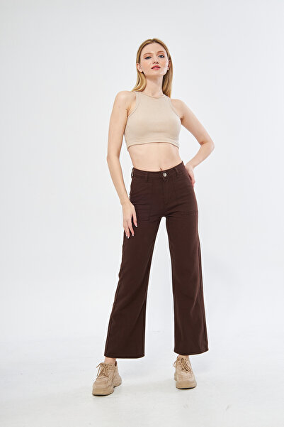 RC COLLECTİON Koyu Kahverengi Cep Detaylı Yüksek Bel Kadın Pantolon