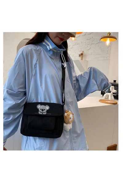 Toum Baby Koala Printed Unisex Canvas Black Shoulder Bag with Pocket Detail