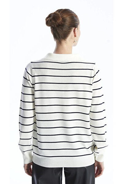 LC Waikiki Gestreifter langärmliger Damen-Strickpullover mit Polokragen