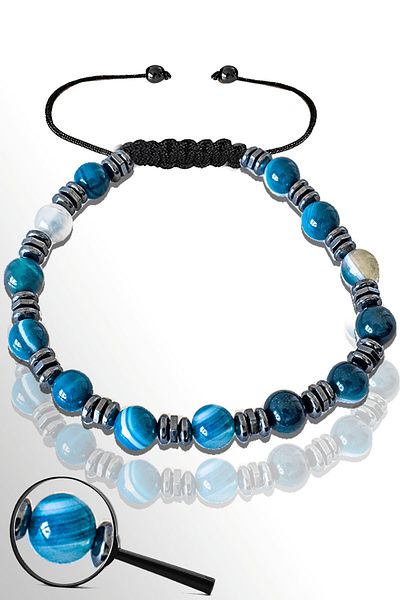 Tesbih Atölyesi Certified Hematite 6 Mm Natural Dark Blue Agate Stone Bracelet - Adjustable