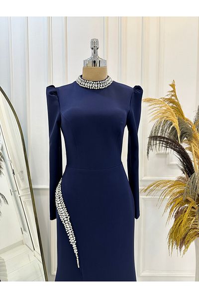 Halezademoda Crepe Evening Dress Collar and Belt Stone Detailed Dress Rosa