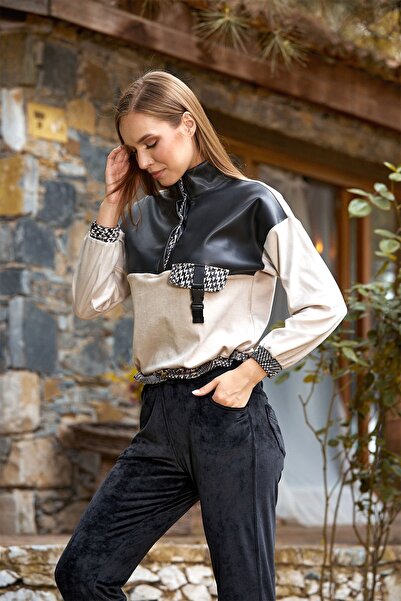 Cossy By Aqua 24338 Γυναικείο Μαύρο Βελούδινο Δερμάτινο Σετ Αθλητικό Σετ Φούτερ 2 τεμαχίων