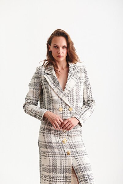 dükkan10butika Jachetă cu dungi scurte din țesătură tweed pentru femei, alb, negru