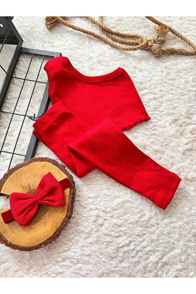 BAHNUR RED BABY KIDS ONE SLEEVE CROP TIGHTS AND BANDANA SET SET