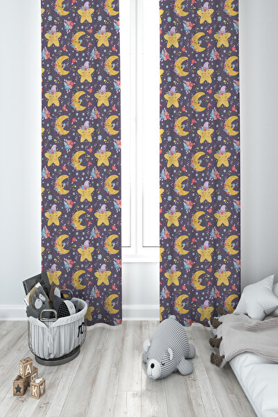 BAMBAŞKA MODA BABY AND KIDS ROOM Star and Moon Patterned 2 Wing Background Cu...