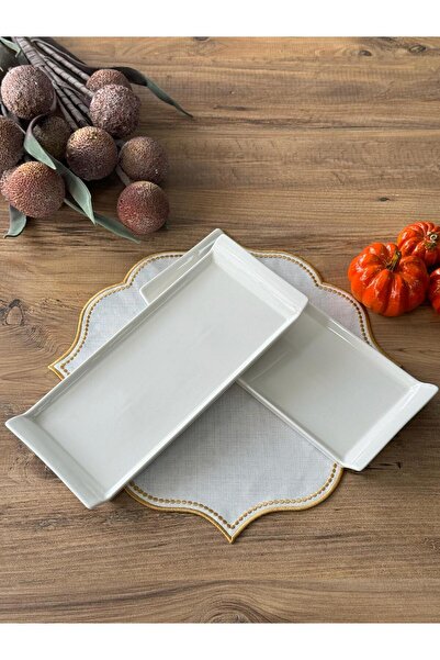 Meri Ev Gereçleri RECTANGULAR SERVICE PLATE WITH PORCELAIN HANDLE 2-PACK