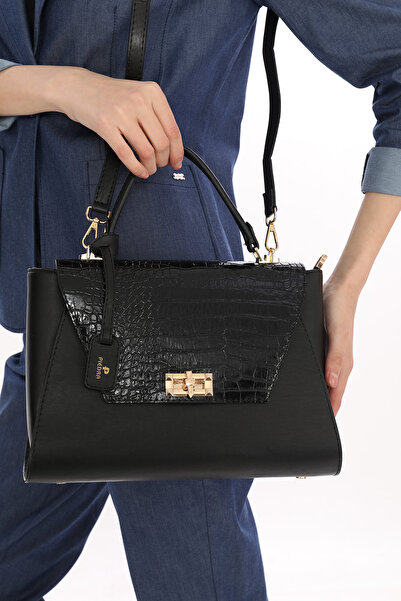 Piedra Black Color Crocodile Covered Long Strap New Season Women's Bag with Plenty of Compartments