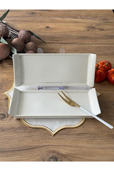 Meri Ev Gereçleri RECTANGULAR SERVICE PLATE WITH PORCELAIN HANDLE 2-PACK