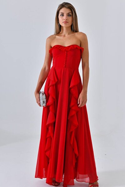 lovebox Kadın Şifon Kumaş Volan ve Yırtmaç Tasarım Straplez Yaka Kırmızı Maxi Abiye Elbise 9329
