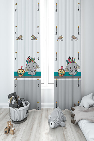BAMBAŞKA MODA CAMERA BEBEȘILOR ȘI COPIILOR Perdele de fundal cu 2 aripi cu elefanți nativi americani și model Hopscotch