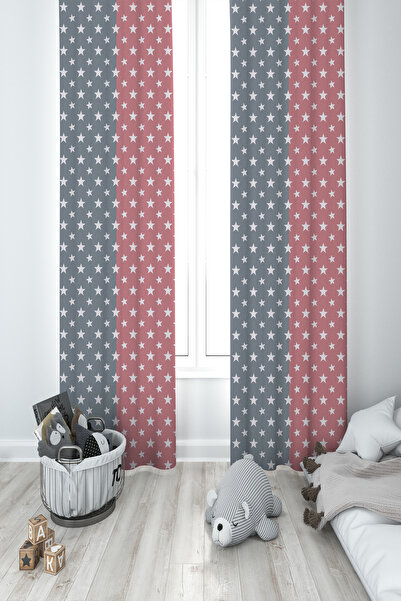 BAMBAŞKA MODA غرفة الأطفال والرضع ستارة خلفية منقوشة بلونين مع نجوم