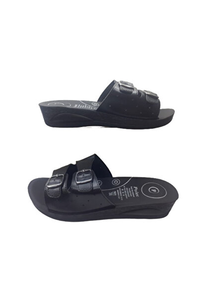 POLEX Papuci de zi cu zi, negri, cu cataramă dublă, cu talpă ortopedică