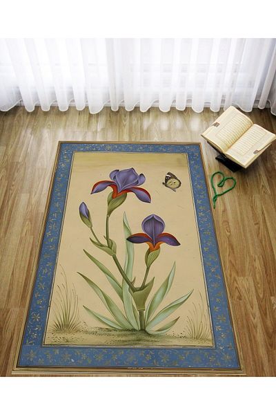 linazaitun Digital Printing Beige Floored Flower Motif Velvet Textured Washable Non-Slip Base Prayer Rug Prayer Rug