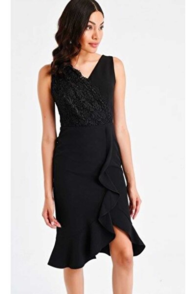 DERİNBOUTIQUE Kadın Siyah Kalın Askılı Önü Güpür Dantel Tasarım Eteği Fırfırlı Kalem Midi Boy Davet Düğün Elbise