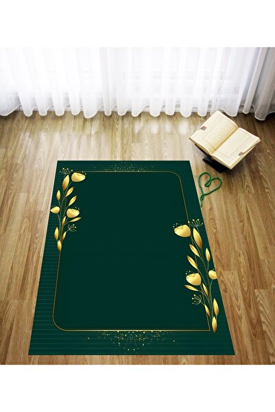 linazaitun Dijital Baskılı Yeşil Zemin Lale Motif Kadife Dokulu Yıkanabilir K...