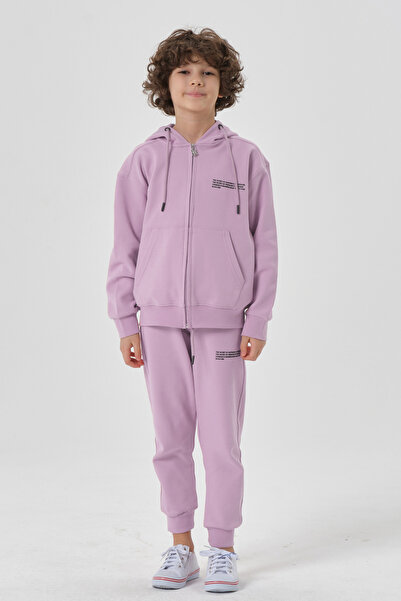 Black One Lycra Free Double Face Interlock Fabric Seasonal Print Detailed Pocket Corded Boys' Tracksuit