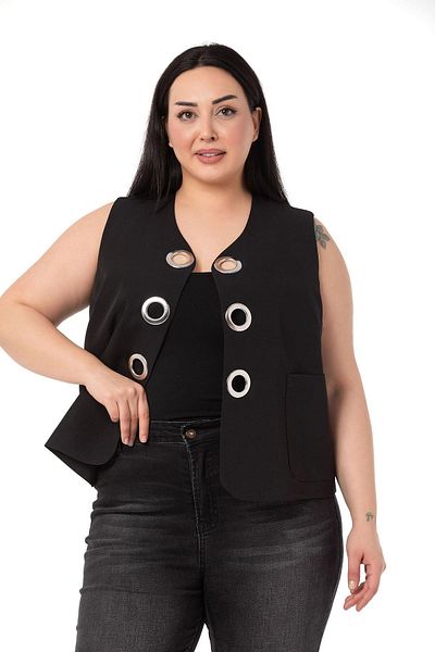 DISENTIS MODEST Large Size Black Vest with Big Eyelet Detail