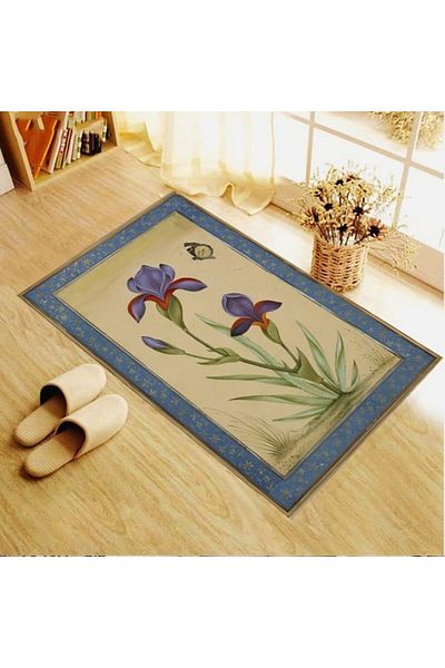 Latibule Digital Printing Beige Floored Flower Motif Velvet Textured Washable Non-Slip Base Prayer Rug Prayer Rug