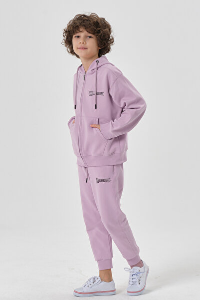 Black One Lycra Free Double Face Interlock Fabric Seasonal Print Detailed Pocket Corded Boys' Tracksuit