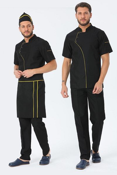 TIPTEKS Men's Black Cook Jacket and Pants Set - Cap and Waist Apron with Yellow Piping