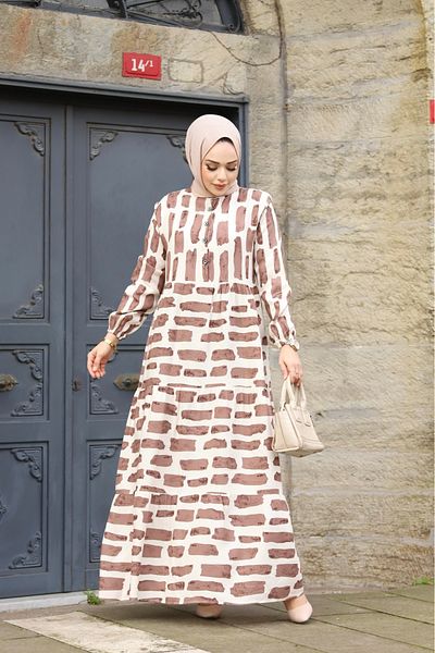 Sfg Life Moda WOMEN'S TESETURY WAIST BELLY WOVEN VISKOSE FABRIC STYLE STONE PATTERNED DRESS