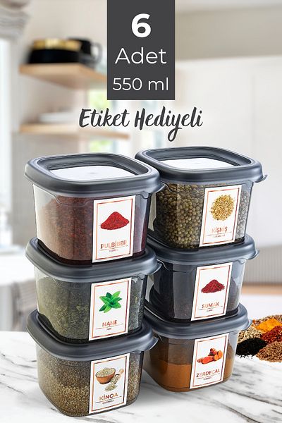 GRİMOR Life 6 Pieces Leak Proof Spice Rack Pulses Storage Container 550 ml Deep Freezer and Microwave