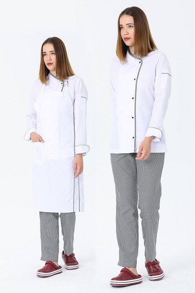 TIPTEKS Women's Classic Long Sleeve White Cook Jacket, Cook Pants, Suspender Apron and Cap-Pkare Ribbed Set of Four