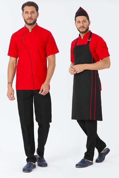 TIPTEKS Men's Comfort Red Cook Jacket-Black Piping/Black Strap Apron and Cap / Black Pants Set