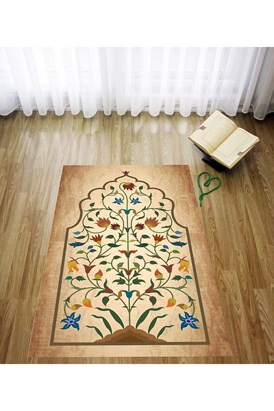 Latibule Digital Printed Tile Pattern Velvet Textured Washable Non-Slip Base Prayer Rug Prayer Rug