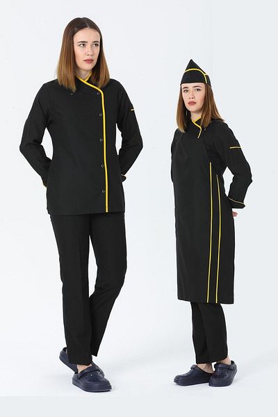 TIPTEKS Women's Yellow Piping Set - Black Cook Jacket, Long Sleeve Pants, Sling Apron and Cap