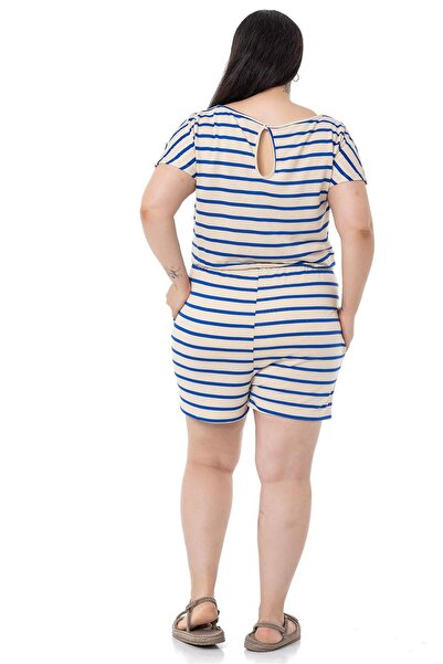 DISENTIS MODEST Plus Size Low Sleeve Elastic Waist Pocket Saks Blue Striped Shorts Jumpsuit