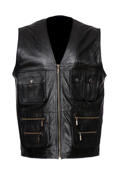 fubileather Мъжки елек от естествена кожа в черно - модел с множество джобове, модел Hunter