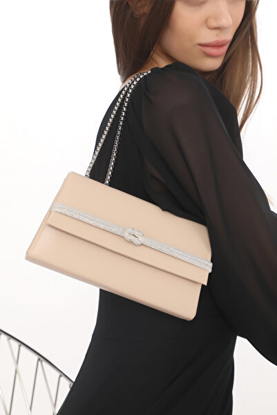 Piedra Skin Color Leather Stone Magnetic Lid, Hand and Shoulder Strap Usable Evening Dress Bag