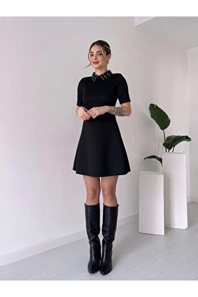 HARMONY GLOBAL Scuba Fabric Flared Mini Dress with Jewelled Collar Di4134