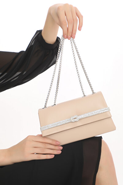 Piedra Skin Color Leather Stone Magnetic Lid, Hand and Shoulder Strap Usable Evening Dress Bag
