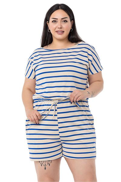 DISENTIS MODEST Plus Size Low Sleeve Elastic Waist Pocket Saks Blue Striped Shorts Jumpsuit