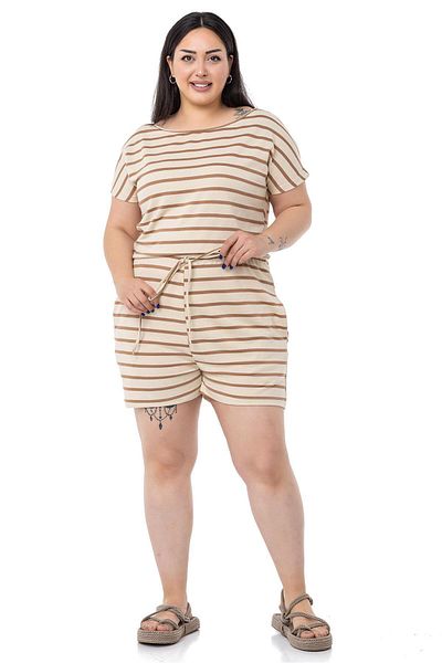 DISENTIS MODEST Plus Size Low Sleeve Elastic Waist Pocket Mink Striped Shorts Jumpsuit
