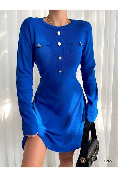 dükkan10butika Rochie de tricot pentru damă, cu mânecă lungă, cu gât rotund, cu nasturi, Saks Blue