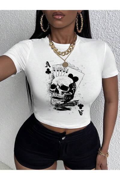 Jose Clothing Bluză crop cu mânecă scurtă cu imprimeu alb pentru femei