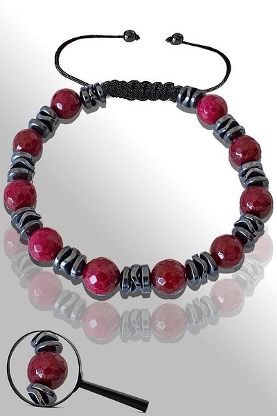 Tesbih Atölyesi Certified Silver Hematite Natural Faceted Red Agate Stone Bracelet - Adjustable