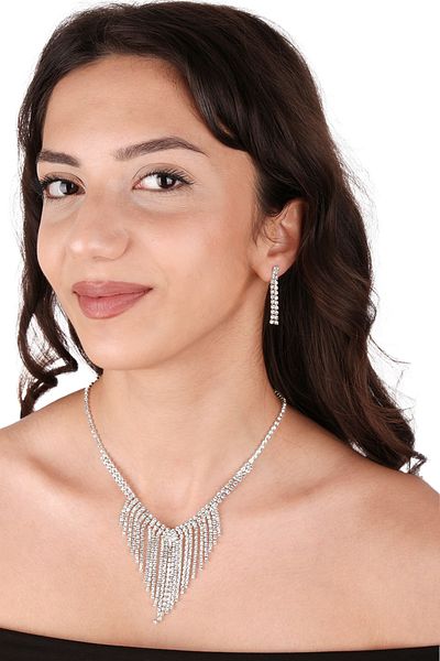 Hayalperest boncuk Mia Elegant and Shiny Crystal Jewelled Dangle Evening Dress Necklace and Earring Set