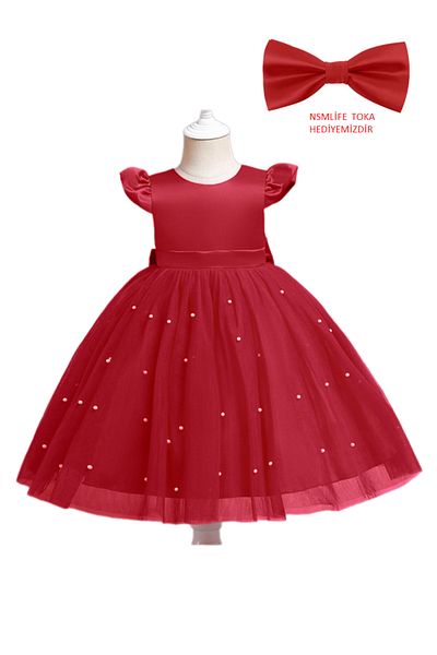 NSMLİFE Girl's Burgundy Color Bow Detailed Pearled Graduation Birthday Party Dress Princess Dress