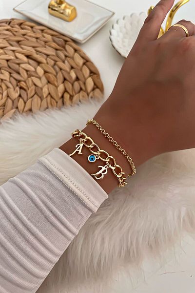 Trendy Butik يمكن اختيار الحروف الأولى باللون الذهبي مجموعة سوار سلسلة مفصلة بتفاصيل عين الشر 12